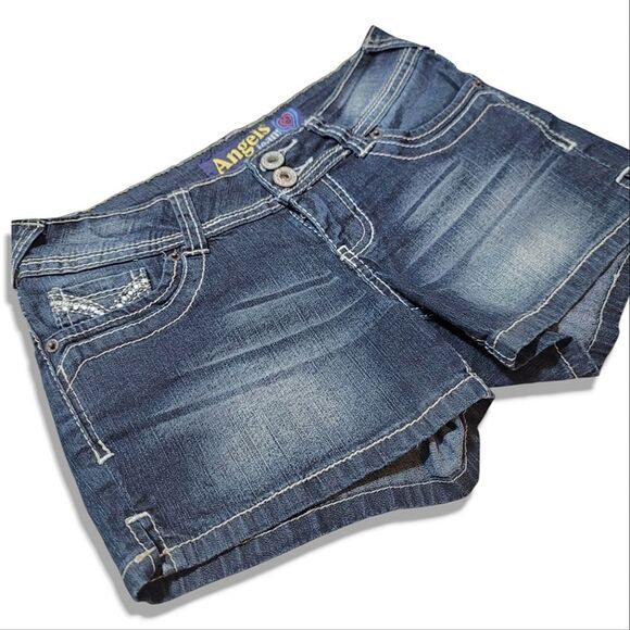 Angels Jeans Low-Rise Y2K Blue Denim White Stitching Shorts - Picture 3 of 7